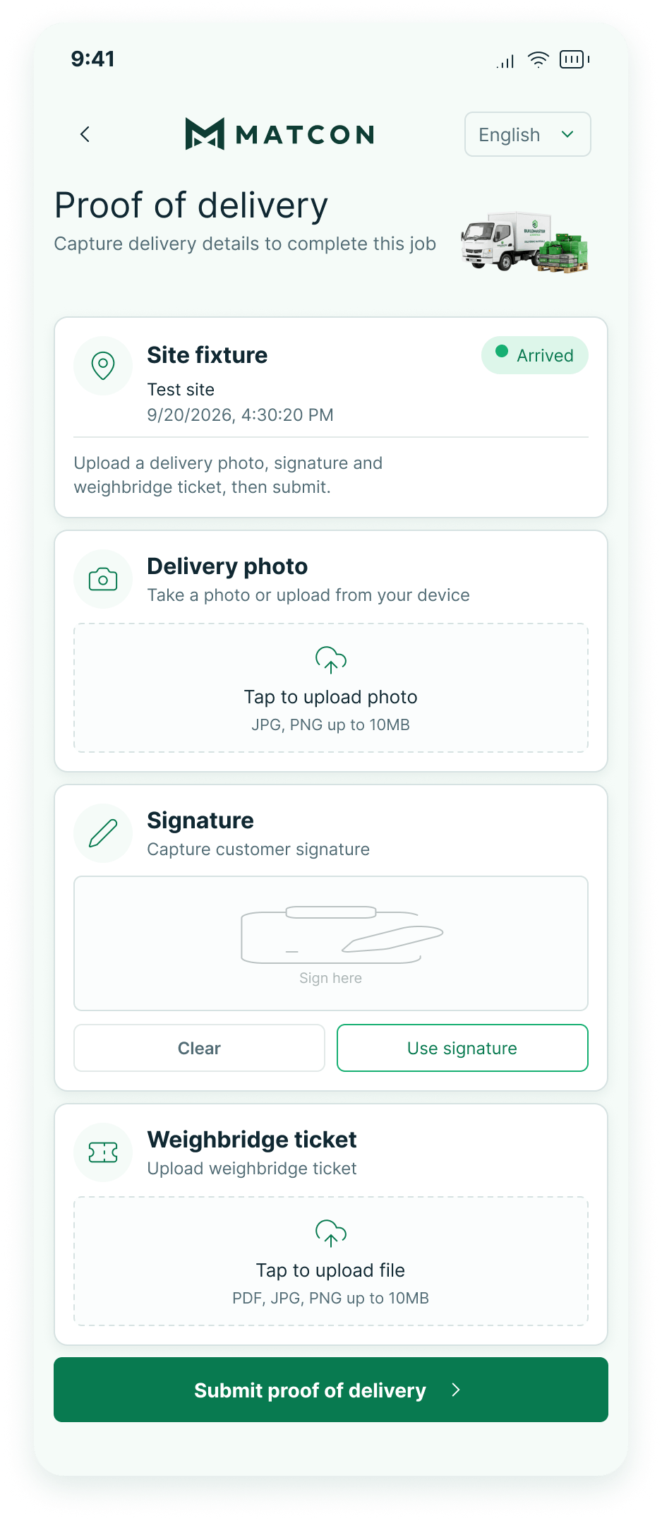 Matcon mobile app showing a delivered-price quote for a material list